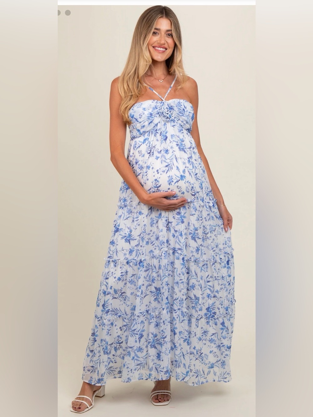Blue Floral Halter Maxi Maternity Dress